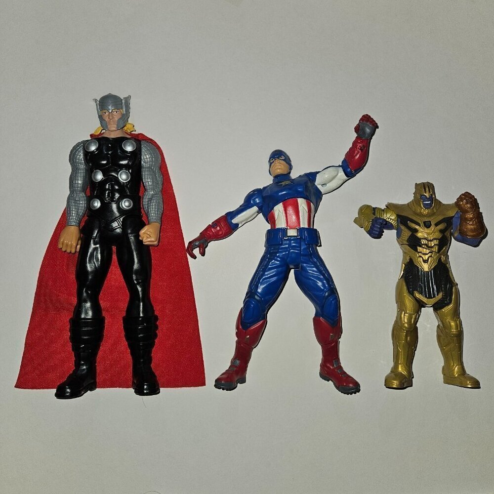 3 Marvel Super Hero Lot Thor Captain America Thanos Action Figures (mixed sizes)